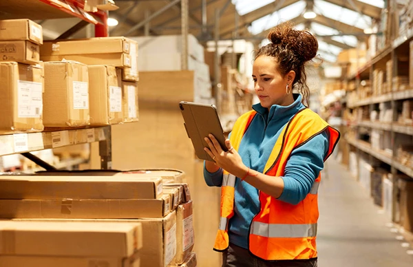 Warehouse worker using a tablet while checking boxes on shelves