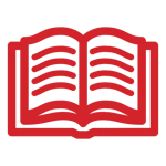 Red Print Logistics icon featuring an open book with curved text lines