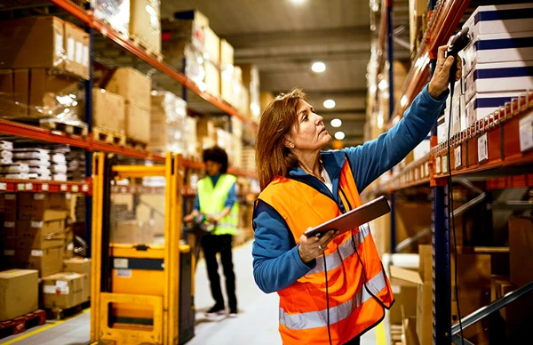 Warehouse worker scanning boxes on a shelf with a tablet in hand