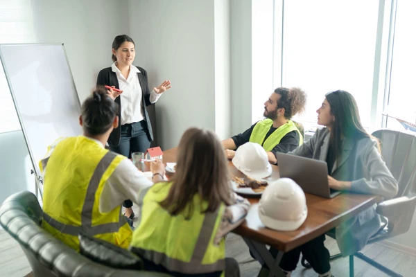 Project manager presenting to a team in safety vests and hard hats during a planning meeting