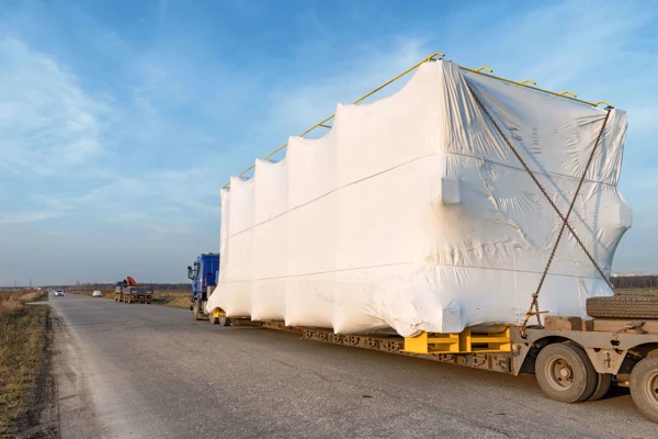 Large wrapped industrial equipment transported on a flatbed trailer along a rural road